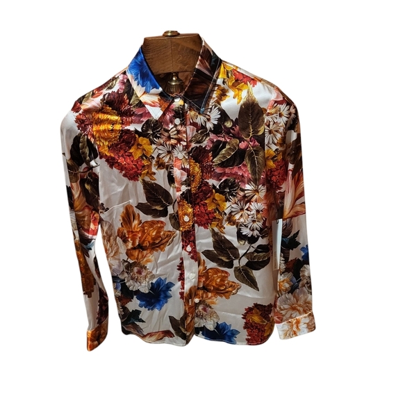 Hark + Hammer Long Sleeve Blouse + Ivory Bouquet Stretch Silk  Size Medium - Picture 3 of 11